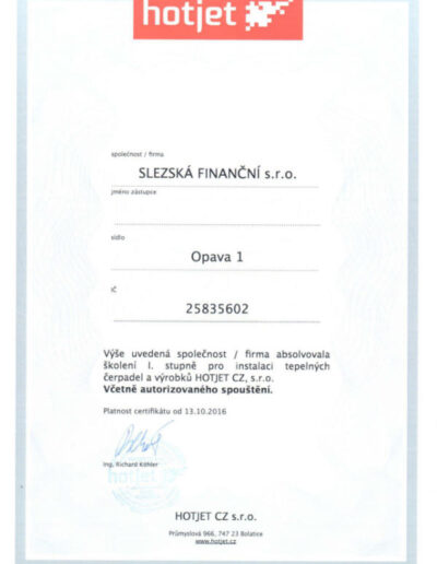 Certifikát HOTJET