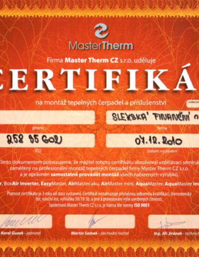 Certifikát Mastertherm